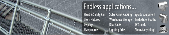 Endless Applications: Hand & Safety Rail, Store Fixtures, Displays, Playgrounds, Solar Panel Racking, Warehouse Storage, Bike Racks, Lighting Grids, Sports Equipment, Tradeshow Booths, TV Stands - The only limit is your imagination with Hollaender Nurail Fittings!